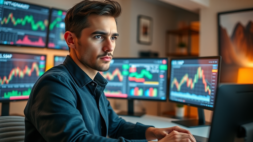 young professional focused on building generational wealth through online investments, modern home office