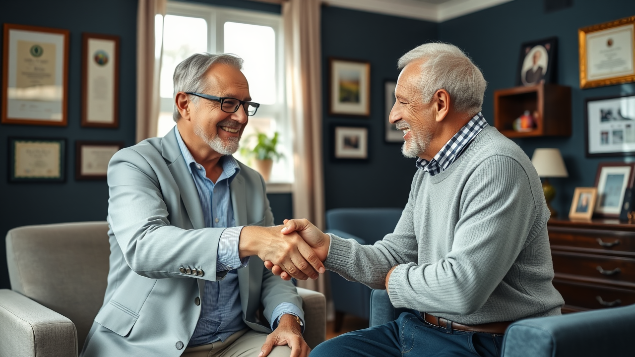 financial advisor reassuring elderly client in a family-focused generational wealth planning session, morning light