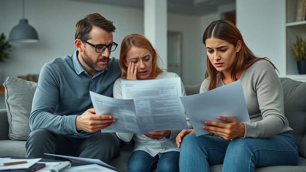 worried family reviewing generational wealth strategies, anxious about mistakes and lost opportunities, modern living room
