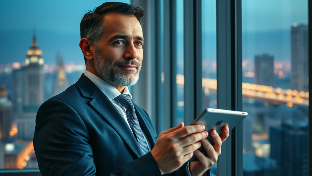 business leader secure wealth preservation financial future digital tablet cityscape