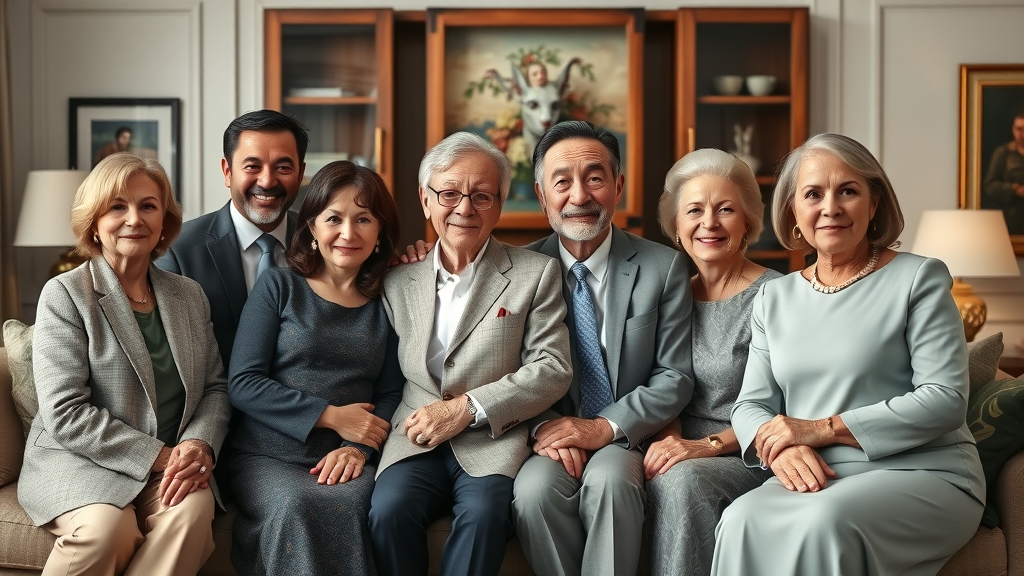 formal multi-generational family gathered together for generational wealth planning in a sophisticated home with tasteful decor, confident expressions