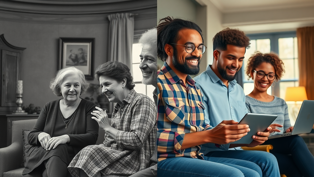 Split-scene image of family generational wealth planning—historic and modern families with technology in blended home settings