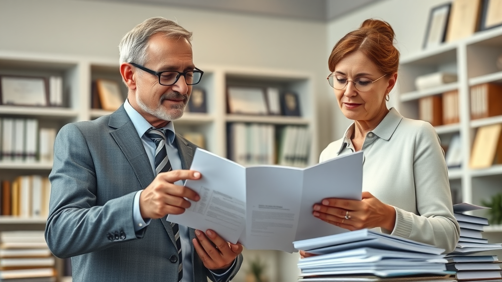 Financial advisor meeting with middle-aged couple, discussing wealth planning documents and life insurance in a modern office