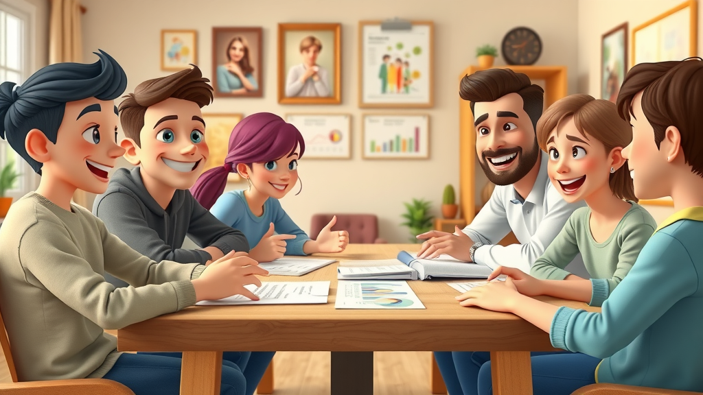Happy teenage and adult siblings participate in family wealth plan meeting, discussing generational wealth planning