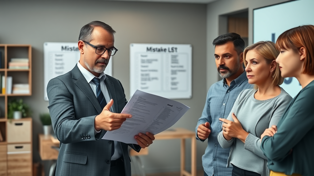 Advisor reviews common generational wealth planning pitfalls with family, presenting checklist and discussing strategies in modern office