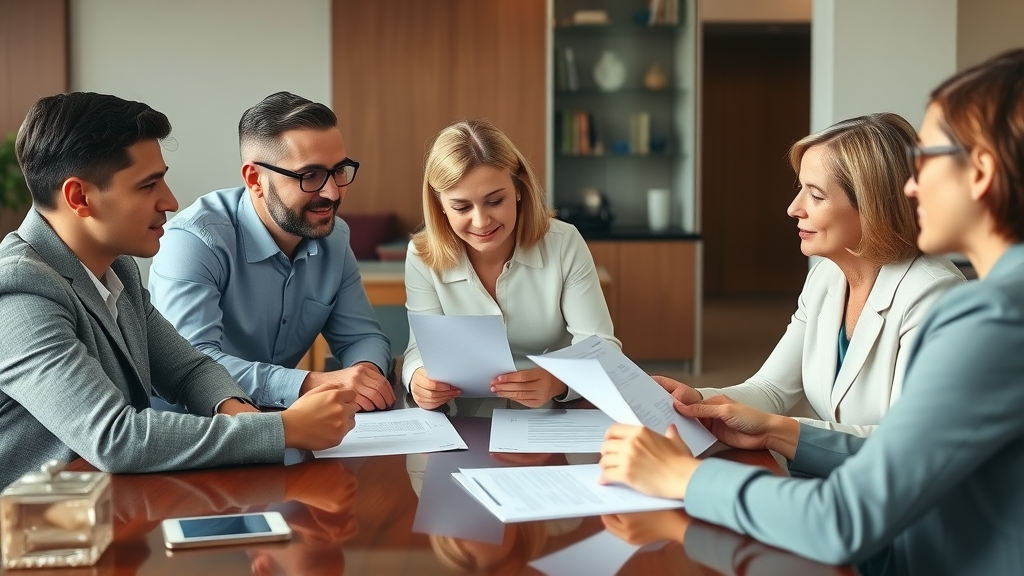 professional family meeting with estate planner discussing wealth transfer strategies around estate documents in an elegant modern office