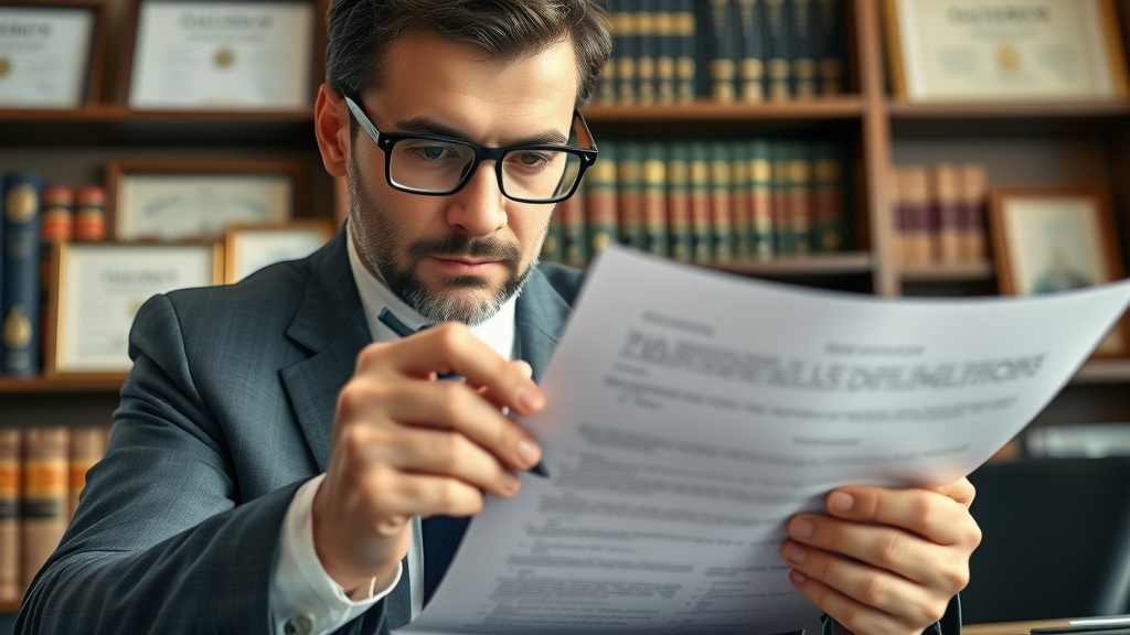 meticulous lawyer reviewing legal documents related to wealth transfer in a classic law office