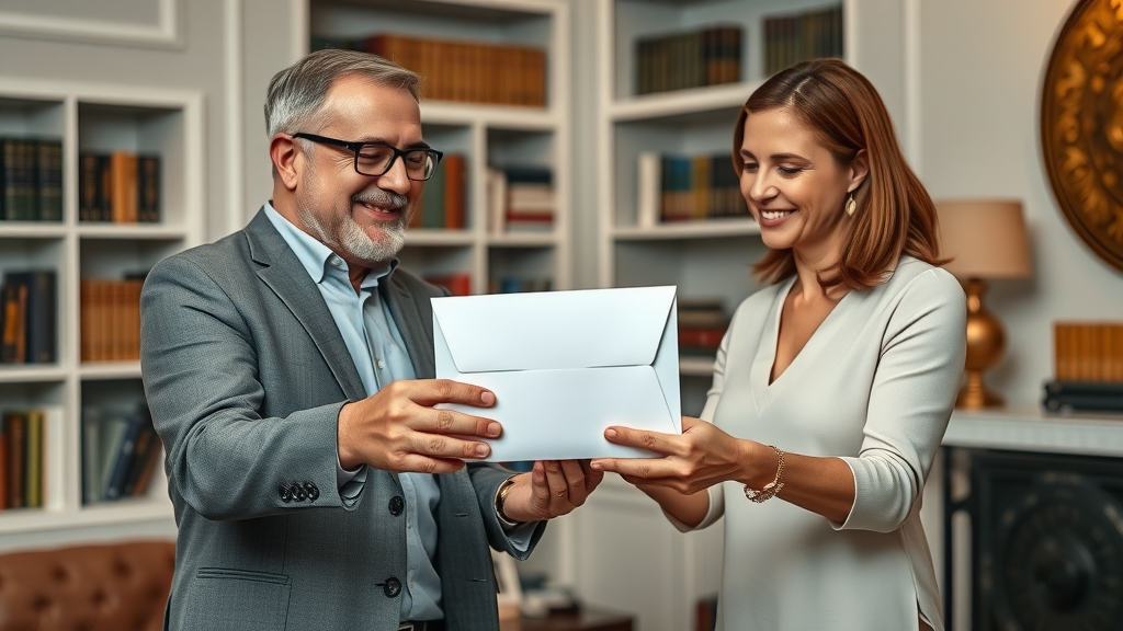 secure family formally passing sealed envelope to trustee as part of an irrevocable trust in an elegant home study
