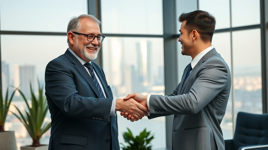successful older businessperson shaking hands with younger successor in conference room after discussing wealth transfer and grantor trusts