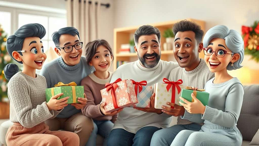 diverse multi-generational family exchanging gifts as part of annual gifting wealth transfer strategies in a festive living room