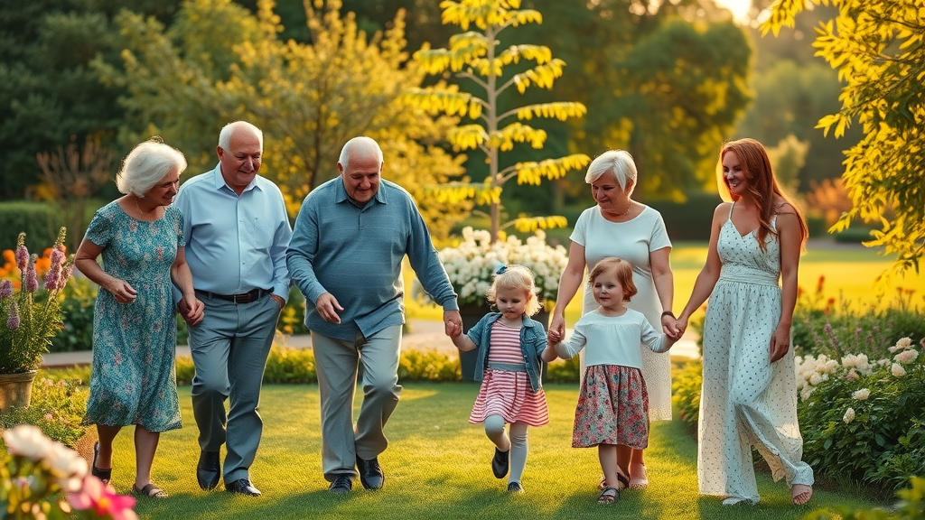 grandparents, parents, and children holding hands in a garden, symbolizing multi-generational wealth transfer and legacy