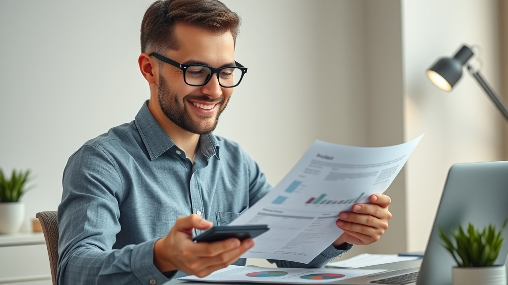 smart financial planner checking documents and analyzing wealth transfer plan with calculator and charts in a modern office