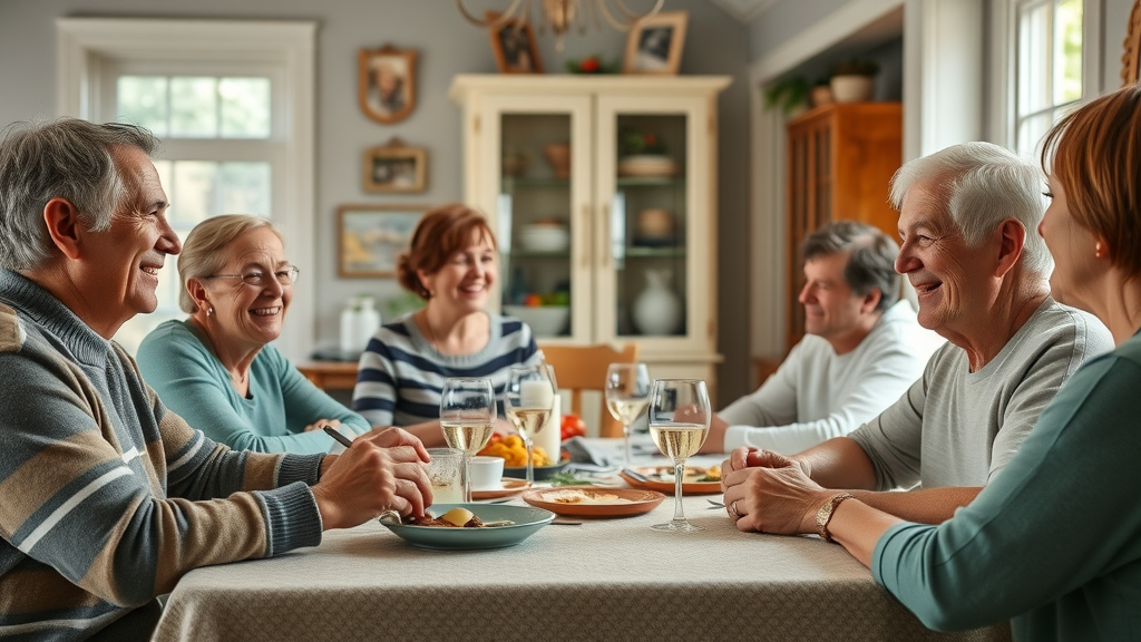 Multi-generational family building a family financial legacy, smiling at dining table, cozy home, heirloom photos, financial stability indicators