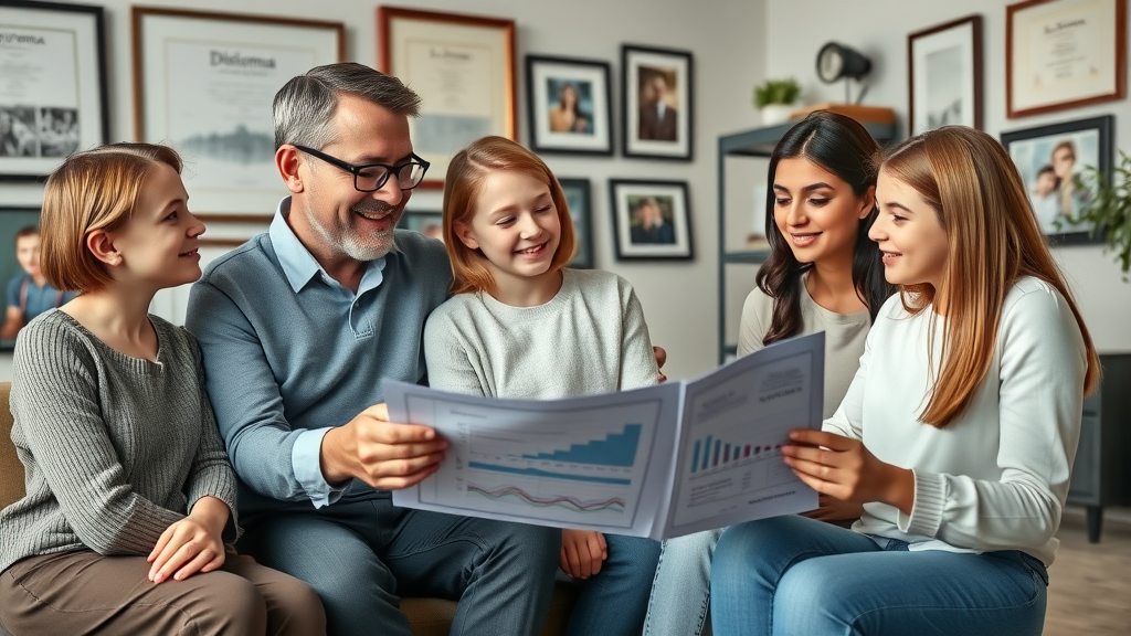 Professional advisor guides a family financial legacy planning session, discussing wealth transfer and generational wealth