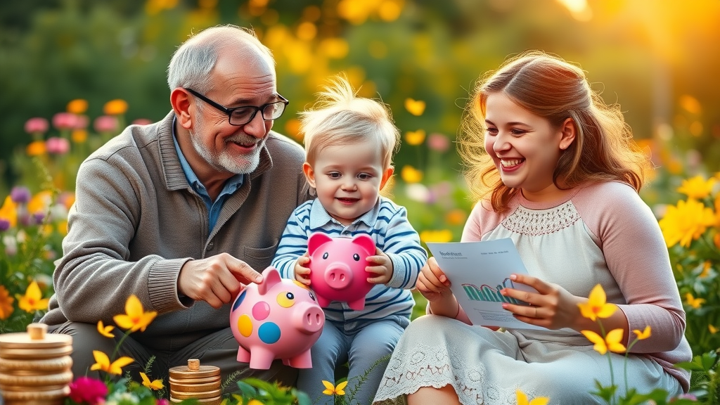 Grandparents teaching children about savings, investments, financial literacy for family wealth and legacy transfer