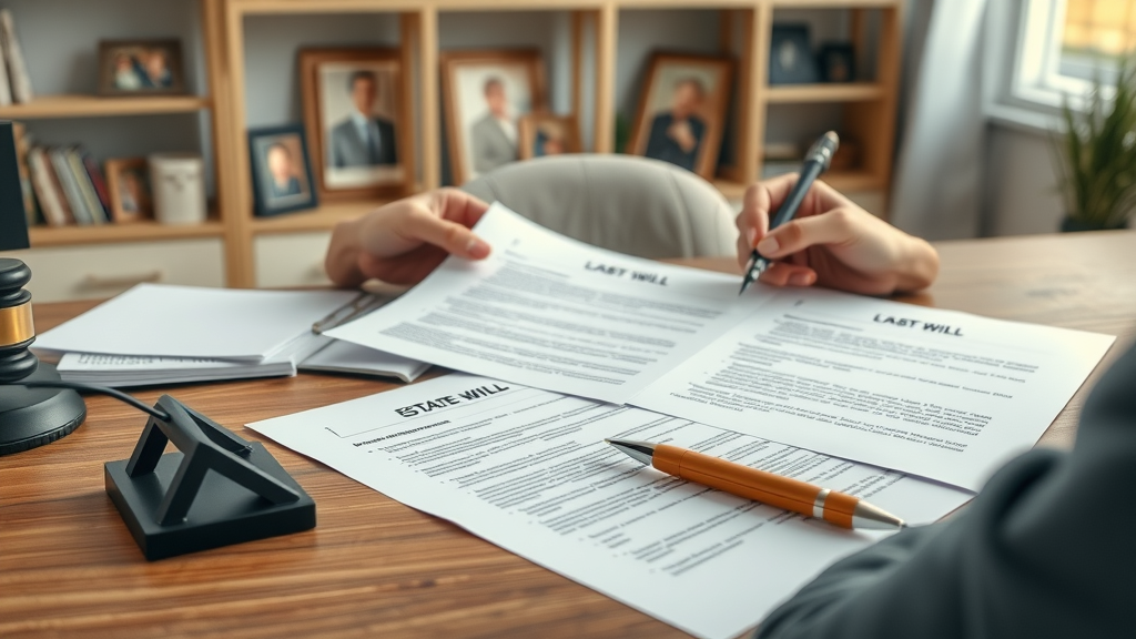 Estate plan essentials on an organized desktop, documents, trusts, reviewing last will, family portraits in background
