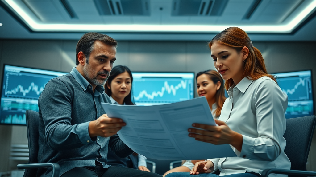 Family and advisor reviewing financial plan for family financial legacy, modern conference room, documents, digital displays