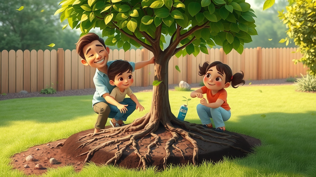 Young family planting a tree, symbolizing growth of family financial legacy for future generations, hands-in-soil, visible roots