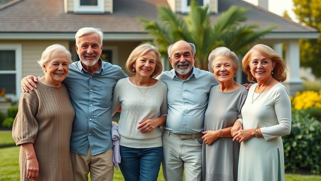 inspiring multigenerational family smiling together, unity, standing in front of a large home, intergenerational wealth management, lush garden, photorealistic, suburban background, gentle breeze, balanced natural colors, soft morning lighting, 50mm lens
