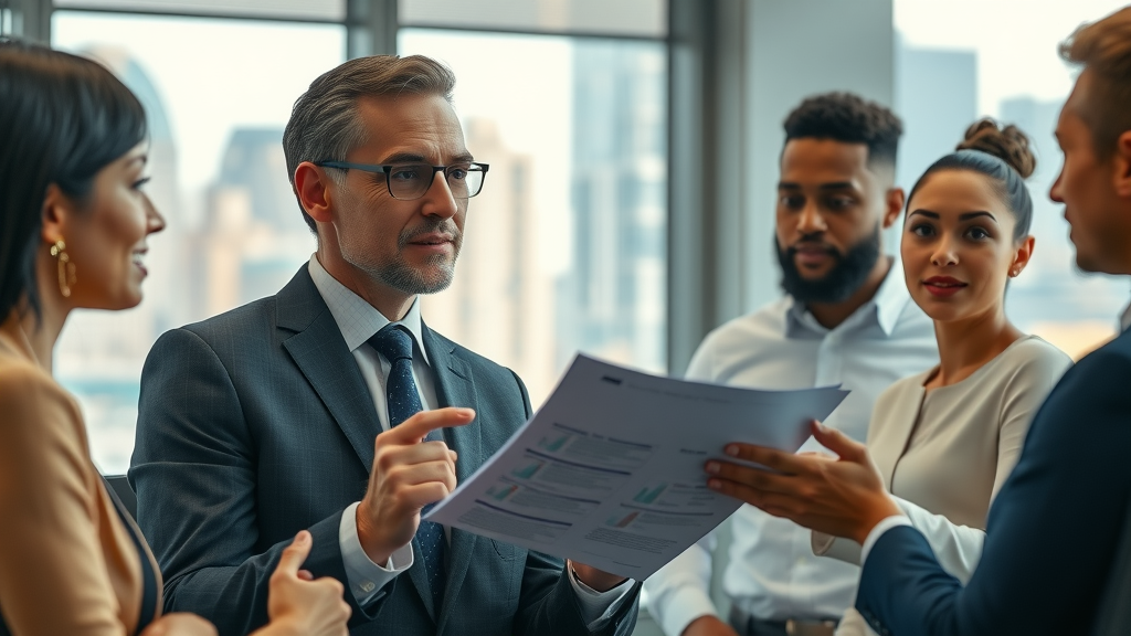 modern financial advisor explaining intergenerational wealth management to diverse clients, upscale office with cityscape, highly detailed, natural light, 35mm lens