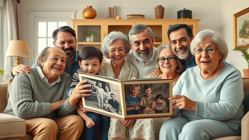 multi-generational family joyfully gathering around photo album, legacy moments in intergenerational wealth management, bright living room, family heirlooms, 2D cartoon style