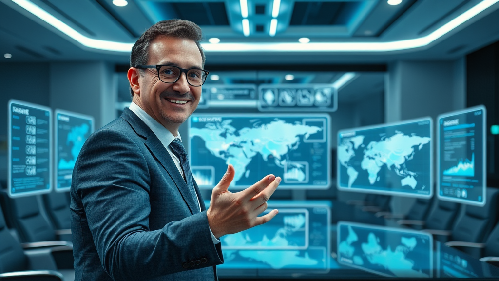 confident wealth manager facilitating family wealth planning session, futuristic conference room, dynamic display, intergenerational wealth management, modern style