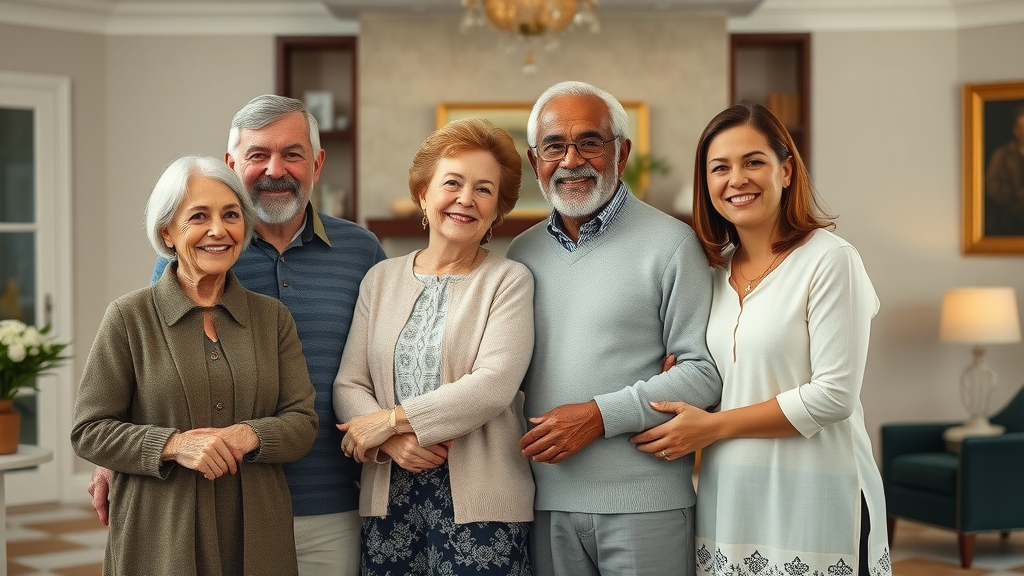 aspirational multi-generational family portrait, trust funds legacy, elegant home, sense of security and wealth
