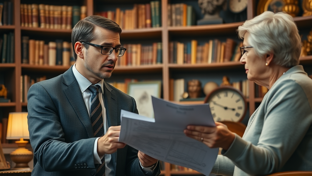 wealth transfer explained by professional financial planner to mature couple in elegant home library