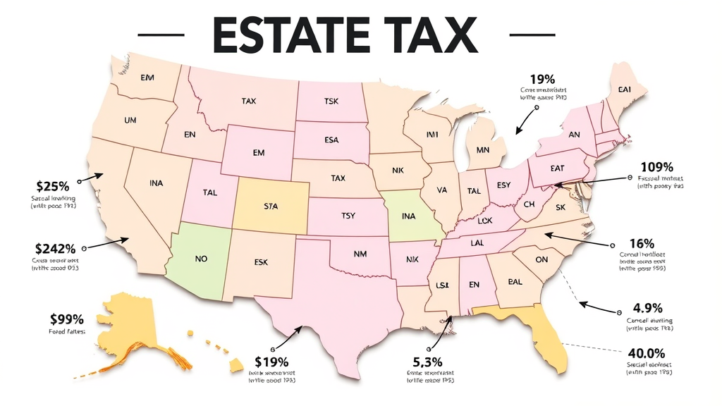 estate tax rates comparative infographic across US states, arrows and money icons, tax flow illustration