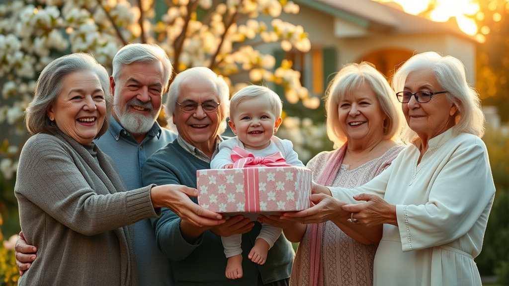 wealth transfer with multi-generational family giving gifts in sunlit garden, legacy and continuity