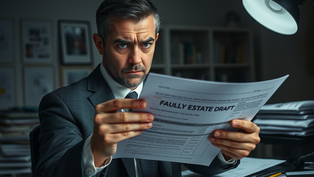 businessperson reviewing faulty estate plan in dim office, stress of tax mistakes