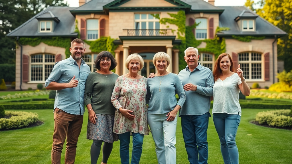successful multi-generational family outside stately home, proud wealth transfer legacy