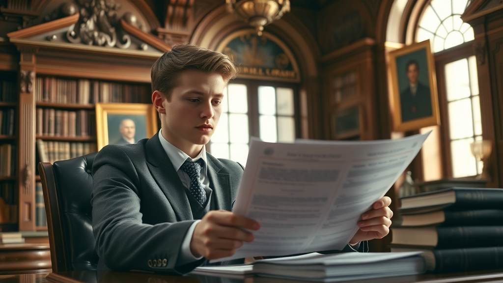 thoughtful young heir reviewing financial documents at elegant desk, financial education for heirs, family legacy