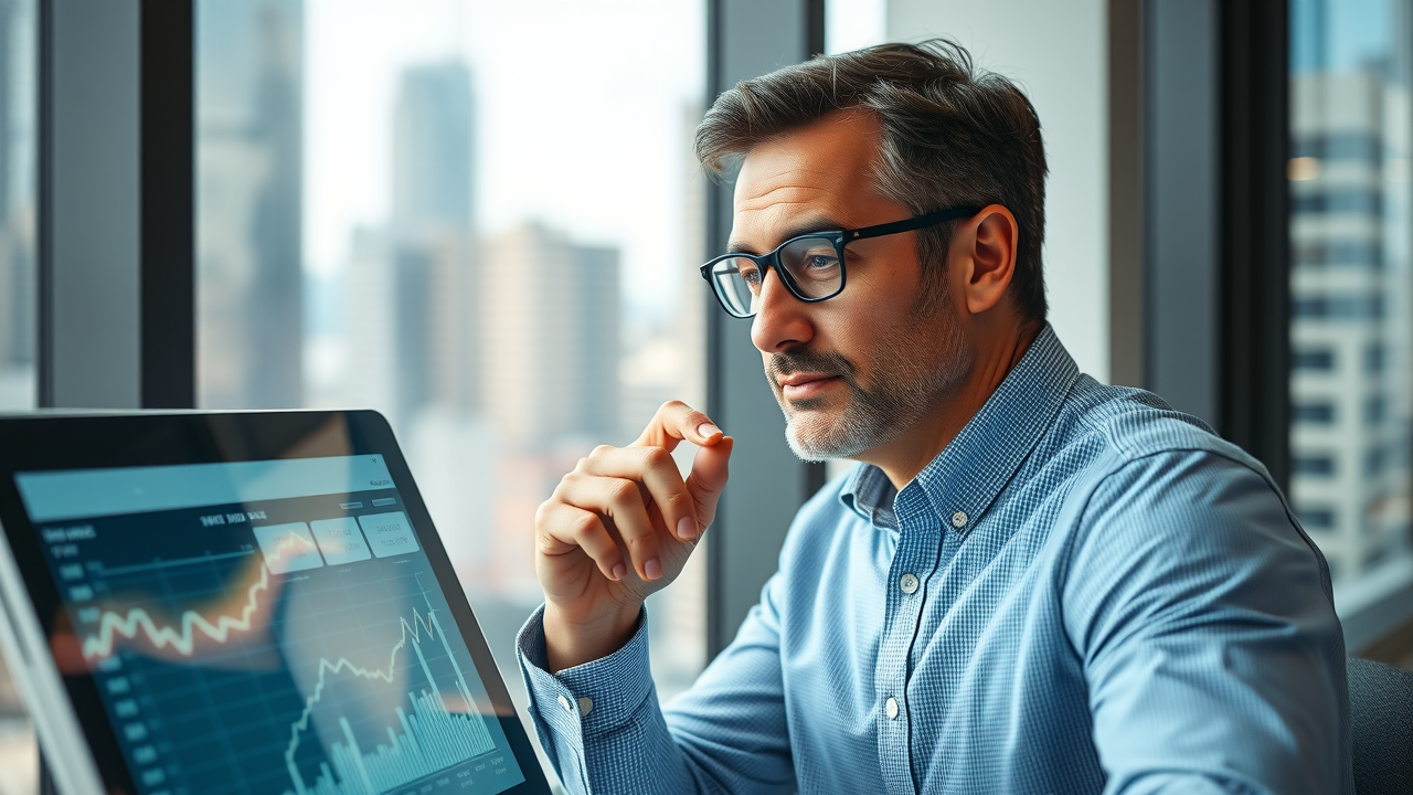 Confident investor reviewing a diversified portfolio. Modern office, city view, financial graphs in background. Long-term investment strategies in action.