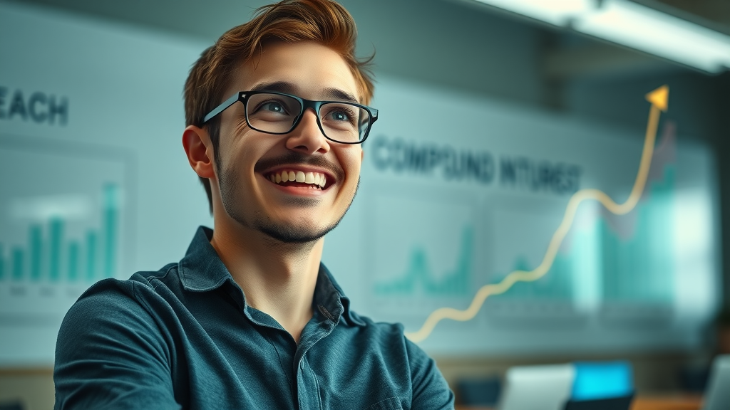 Young investor observing compound interest growth chart. Demonstrates how long-term investment strategies leverage compounding for wealth building.