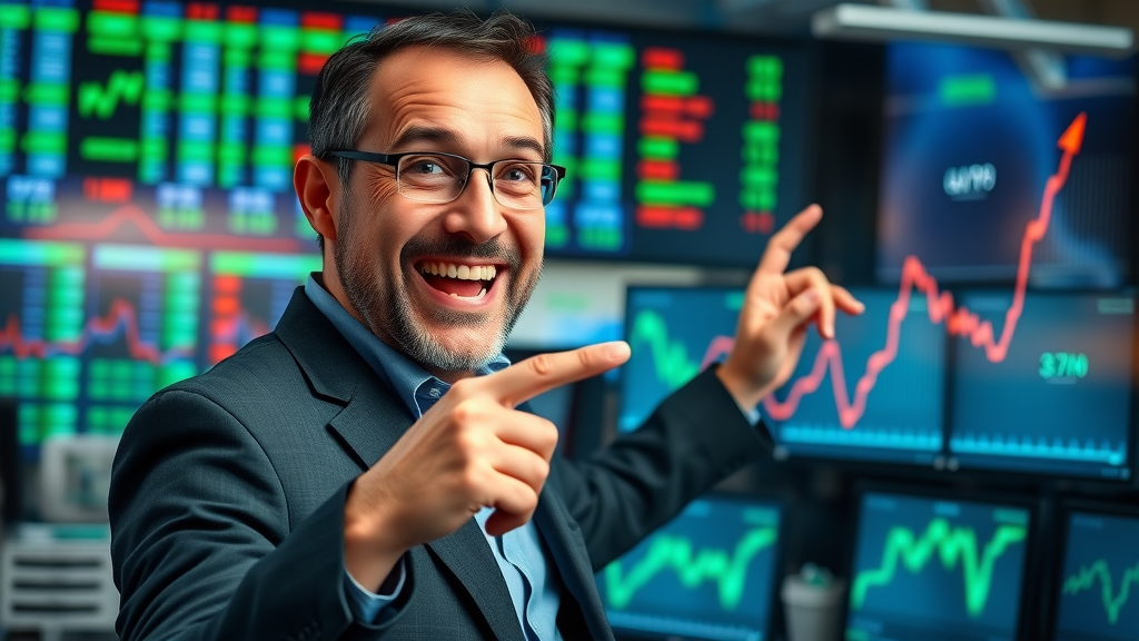 Investor at trading desk pointing to rising stock market graph, highlighting stocks as a key element of long-term investment strategies.