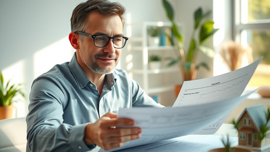 Professional real estate investor reviewing property blueprints and financial growth chart. Real estate as a key part of long-term investment strategies.