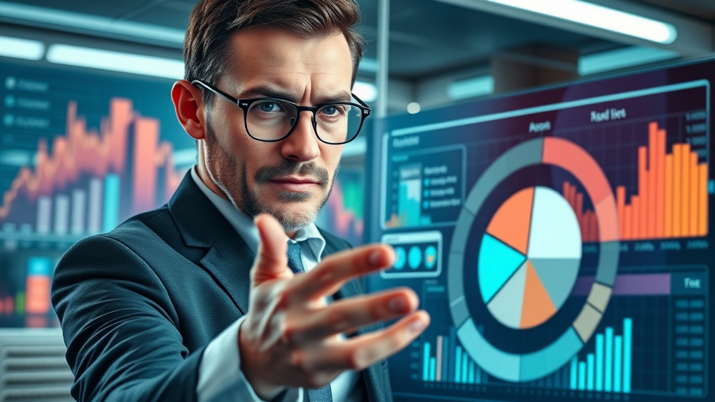 Financial planner arranging asset icons on digital pie chart, visualizing asset allocation for diversified long-term investment strategies.