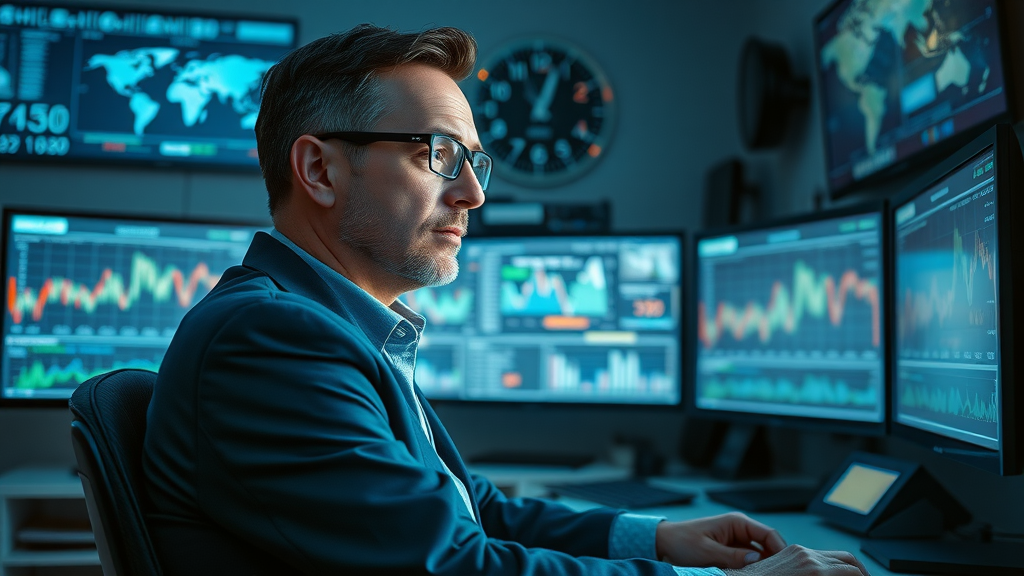 Analytical investor monitoring breaking financial news for investment strategy adjustments. Staying informed is crucial to long-term investment success.