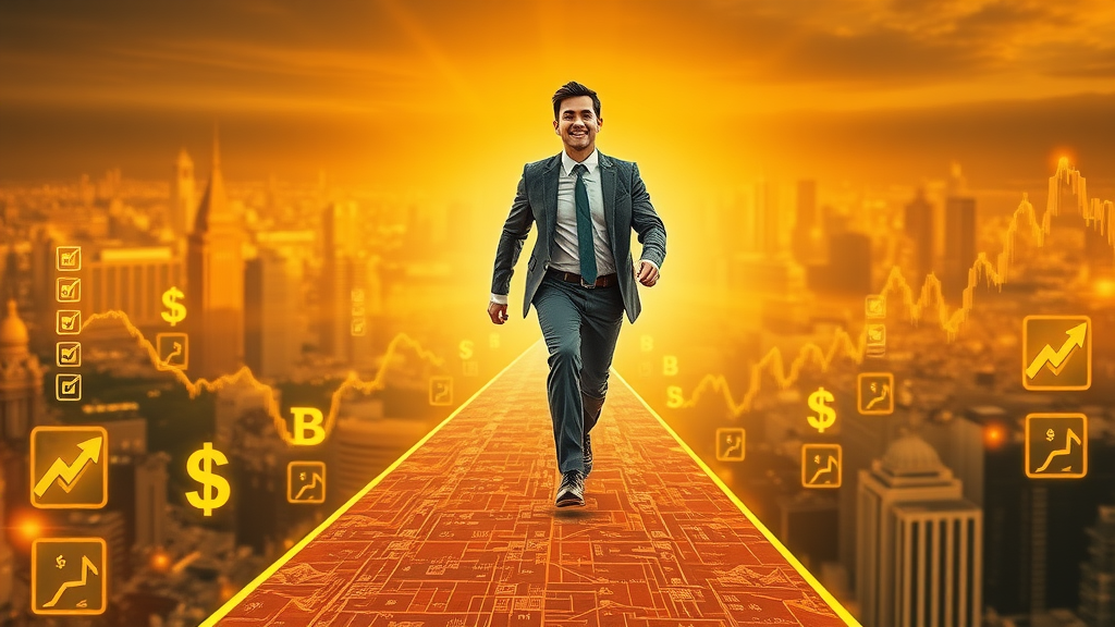 Optimistic professional beginning investment journey. Digital path of rising investment icons, showcasing the start of long-term wealth-building.